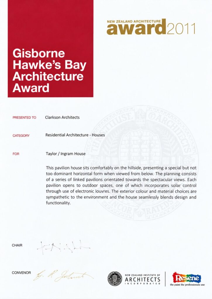2011 NZIA Gisborne Hawke's Bay Architecture Award certificate for the Taylor / Ingram House, 15 Tauroa Valley, designed by Clarkson Architects and built by Pro-Structure
